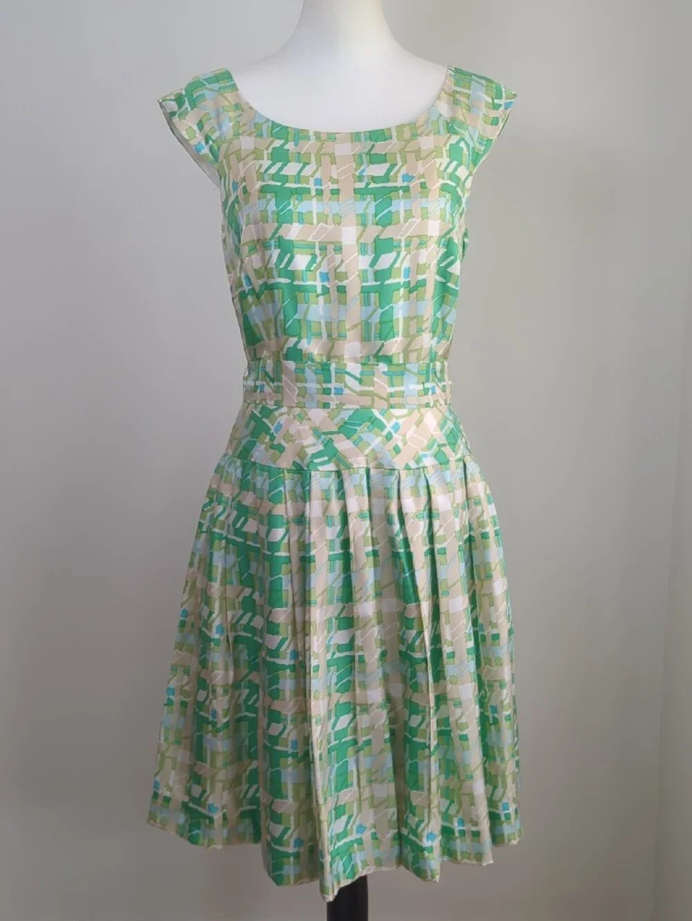Kate Spade New York Retro Mint Green Plaid 100% Silk Fit & Flare Dress SIZE 6